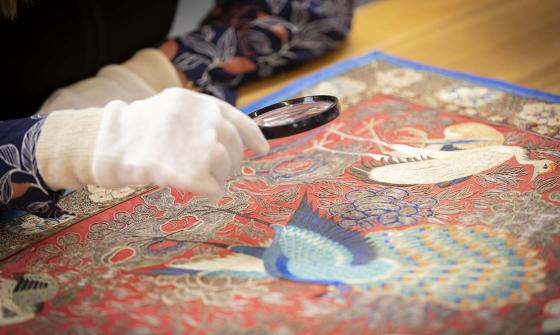A person wearing white gloves examining a colorful peacock embroidery with a magnifying glass, focusing on the intricate details of the artwork.