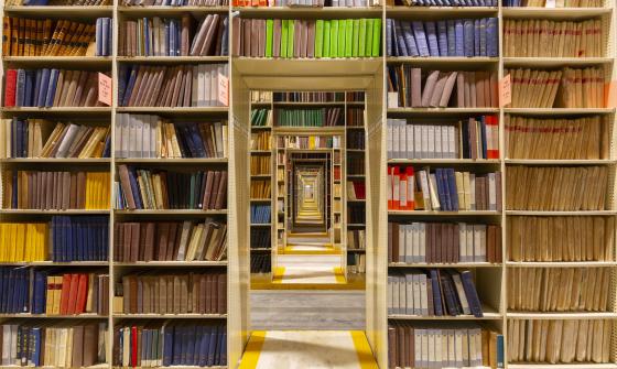 Rows of shelves filled with colourful books and doorways lined down the middle