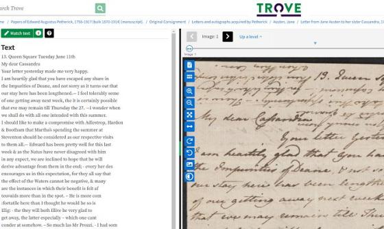 A screenshot of Jane Austen's letter to her sister Cassandra on the right-hand side of the screen. The handwritten text correction panel is showing on the left-hand side.