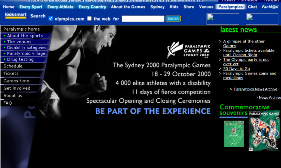 Screenshot of an old website with a blue colour scheme, open to a page with information about the 2000 Paralympics with an image of an athlete running