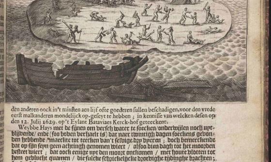 An image from an old Dutch book showing some text with a pen drawing above the text of several tents on an island and many people fighting with each other.