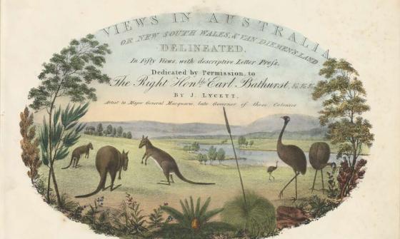 An illustrated book cover with 3 kangaroos and 3 emus in the foreground surrounded by native flora, with a lake and trees in the background