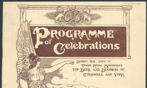 Illustrated cover featuring an angelic figure beside the map of Australia for the programme of celebrations marking the opening of the first Parliament, May 1901