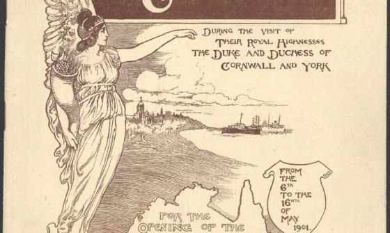 Illustrated cover featuring an angelic figure beside the map of Australia for the programme of celebrations marking the opening of the first Parliament, May 1901
