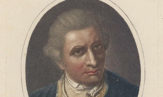 Engraved portrait of James Cook in an 18th-century naval uniform, featuring a high-collared coat with buttons and light-coloured waistcoat. The illustration includes a small scene below showing a group of people interacting near the shore.