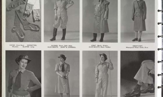 A collage of black-and-white photographs showing different items and types of clothing worn by members of the Australian Women's Land Army, including socks, gloves, boots, shirts, overalls, frocks, coats, and hats.