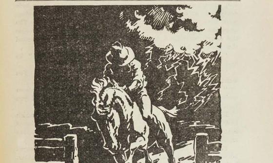 Front cover of 'The school magazine' with a drawing of a man in a hat riding a galloping horse through a gate at night.