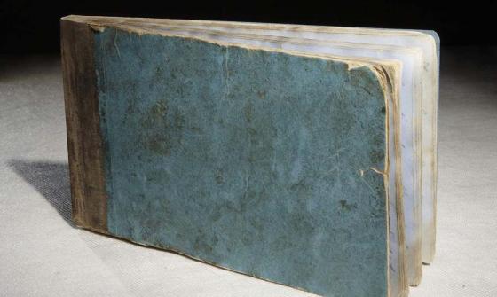 A photo of a tattered old blue book.