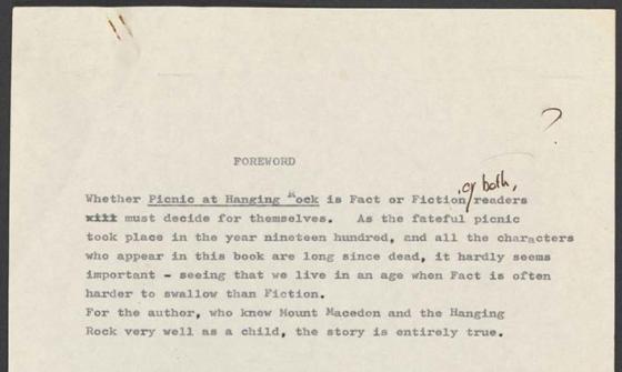 A yellowed typewritten page saying 'Foreword' and some hand written words saying 'or both?' next to fact or fiction.