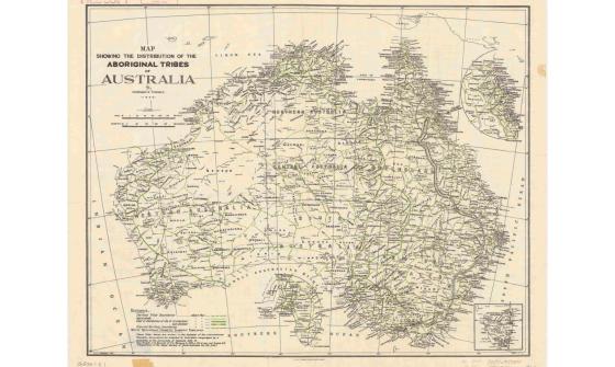 An old map of Australia showing the distribution of Aboriginal tribes across the country.