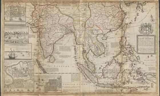 A map of southern Asia which details the early development of the English East India Company.