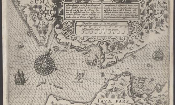 An old black and white map of the Sunda Strait decorated with pictures of navigational symbols, landmarks and ships