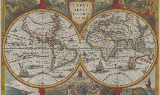 Highly decorative double hemispherical map of the world with the four elements depicted in each corner of the map