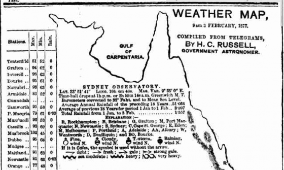 an image of a map showing an outline of the eastern half of Australia with about 30 towns down the side with their minimum and maximum temperatures.