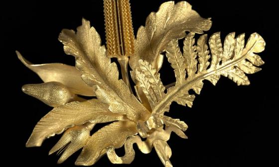 Ornate gold brooch shaped like native Australian flora, featuring detailed leaves, flowers, and textures against a black background.