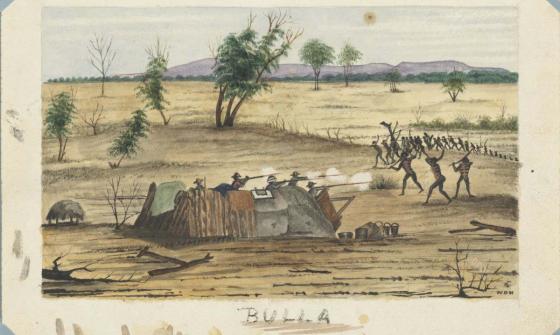A water colour painting of men firing rifles from a tent at a tribe of First Australians on an outback plain.