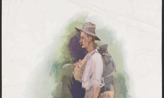 colour painting of man with pack and billy can