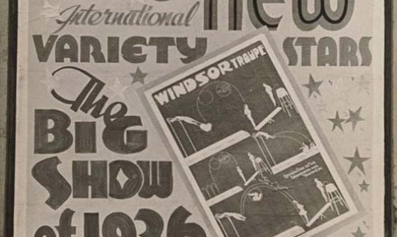 A black and white photograph of a billboard advertising the 'Big Show of 1936', a variety performance