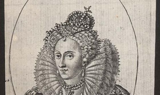 A print of a woman within an oval frame. She is wearing an elaborate ruffled collar and dress. She is wearing a crown. Below her portrait are words in Latin: 'Elizabetha D.G. Regina Ang: Fran: et Hib.'