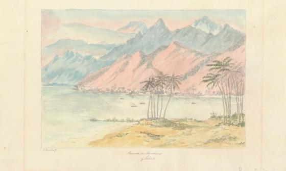 A colourful watercolour showing the coast and mountains of Tahiti. The whole scene is rendered in pastel pinks, greens and blues. In the foreground a grassy shoreline is dotted with palm trees. a bay or inlet seperates the island with the jagged mountains int he background. water craft are dispersed around the water.