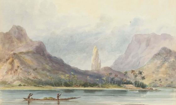 A colourful watercolour showing the mountainous coastline of Tahiti. The mountains are shades of grey, blue and purple. The sky has billowing clouds.The shore is dotted with vegetation. In the foreground, two figures row a long canoe along the coast. The canoe is carrying something, although it's unclear what it is.