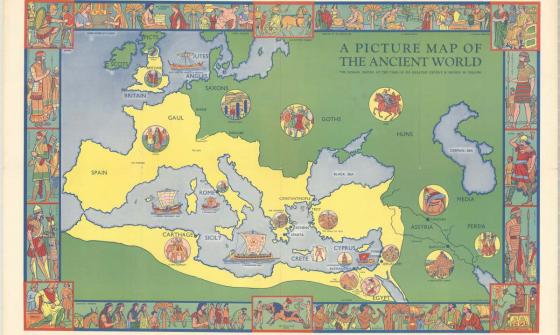 A colourful drawn map of the 'ancient world'. The territory of the Roman Empire is shaded in yellow. Inset around the map and border are depictions of people and cultures around the map.