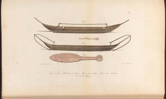 A watercolour drawing of two canoes and two types of oars/paddles