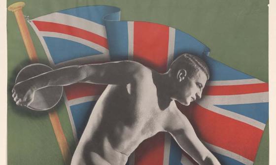 A large poster showing a naked man preparing to throw a discus. Behind him is a Union Jack on a green background. There is a red strip along the bottom of the page with the words "Australia's 150th Anniversary Celebrations. Sydney 1938". In smaller writing next to the man is text saying "British Empire Games 5 to 12 Feb 1938