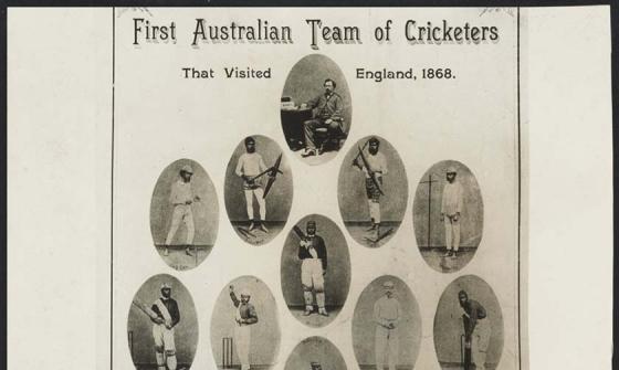 Black and white image of a poster titled 'First Australian Team of Cricketers that visited England, 1868'