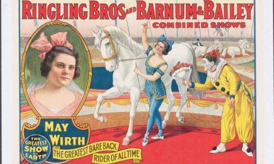 Poster depicts a woman in blue walking alongside a horse; a clown in a yellow suit stands next to her