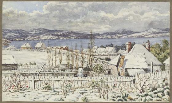 Image of a colour sketch of a heavily snow covered town of Hobart houses with water and mountains in the background in 1882