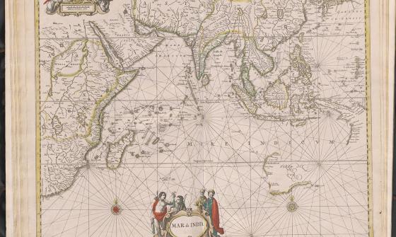 Hand drawn map with latin title Mar di India, there are various little cherubs around the title.