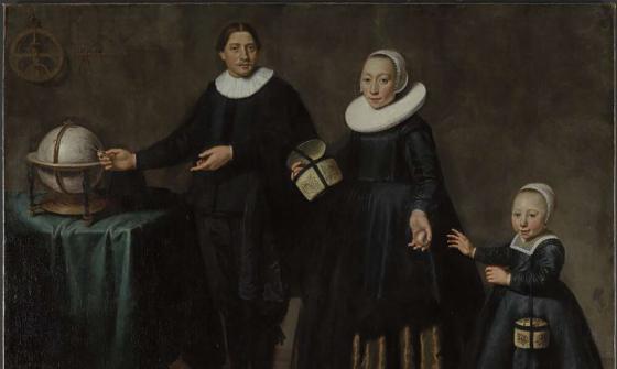 Painting of a man, woman and young child.  The man is motioning towards a globe and the woman is passing an apple to the child.