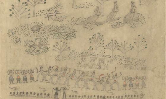 Pencil drawings depicting Aboriginal peoples and native Australian flora and fauna