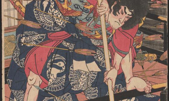 A colourful woodblock print showing a warrior gripping a spear in battle. He wears a detailed robe with bold patterns, including phoenix designs. Arrows are embedded around him, and swords are visible at the bottom of the image.