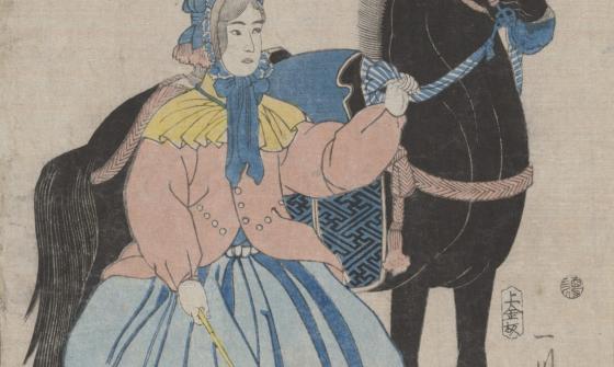 Japanese woodblock print shows a western woman holding the reins of a horse.