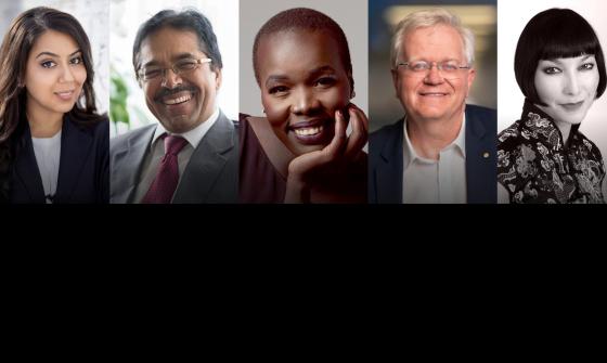 Headshots of Mariam Veiszadeh, Om Dhungel, Nyadol Nyuon OAM and Professor Brian Schmidt AC FAA FRS, and Claudia Chan Shaw.
