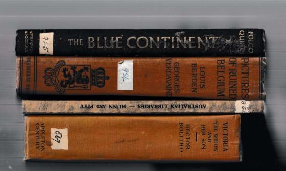 A stack of old books with brown and black spines