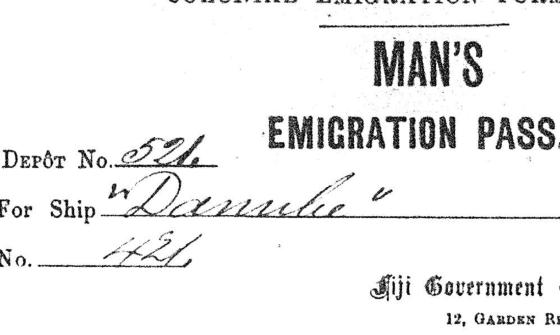 A sample of an emigration pass. It says 'Colonial Emigration Form, Man's Emigration Pass' with signatures and handwritten information.