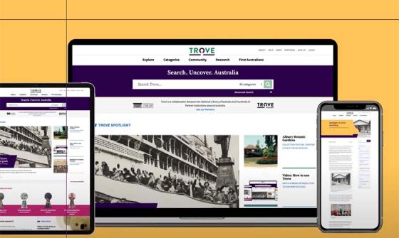 Desktop computer, tablet computer, and mobile device all open to a Trove web page