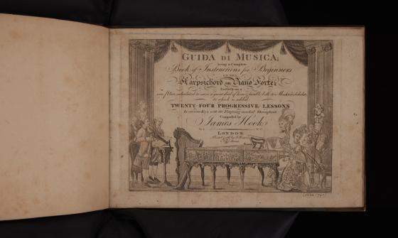 Title page of a landscape oriented printed book: ornate engraving featuring musical performers. Scene is framed by theatre curtains.