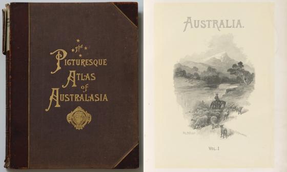 on the left is the cover of the Picturesque Atlas of Australasia. On the right is a title page with 'Australia. Vol. 1' and an illustration of sheep, a dog, and a man on a horse with a country scene in the background