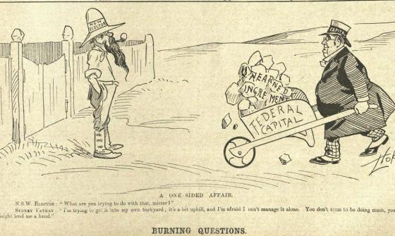 A comic panel on yellowed newspaper paper. A large well-dressed man wearing a top hat that says 'Capital' is pushing a wheelbarrow marked 'Federal Capital' which is full of material marked 'Unearned increments'. He is pushing it towards a a man dressed in workwear wearing a hat marked 'NSW Elector'. The title below the comic reads 'A One-sided Affair'