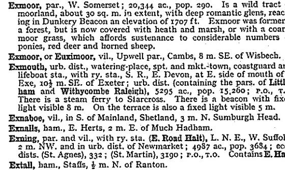 Excerpt from John Bartholomew and Son, Gazetteer of the British Isles, 9th ed., 1970, showing alphabetical listing of place names with details of each.