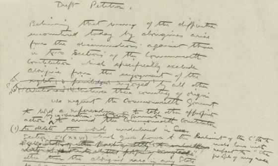 A handwritten document titled "Draft Petition", written in cursive on lined paper. The text features multiple corrections and strikethroughs, with numbered points outlining proposed changes. The writing appears densely packed and slightly uneven,