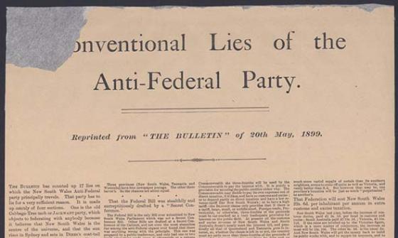 A yellowed sheet of paper with the headline '[Co]nventional Lies of the Anti-Federal Party'. The 'C' and 'O' of the word 'conventional' is missing as the corner of the page has been torn off. The very small text is set out in four columns