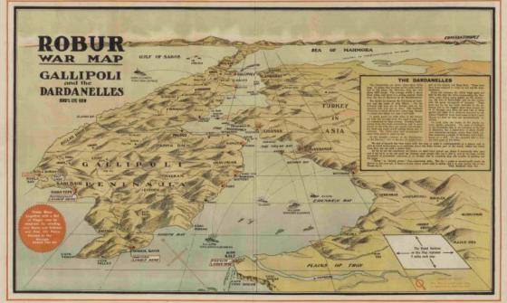 Shows British and Allied landings on 25 April 1915 and later; the range of 12 and 15 inch naval guns depicted. Relief shown by shading, and pictorially.