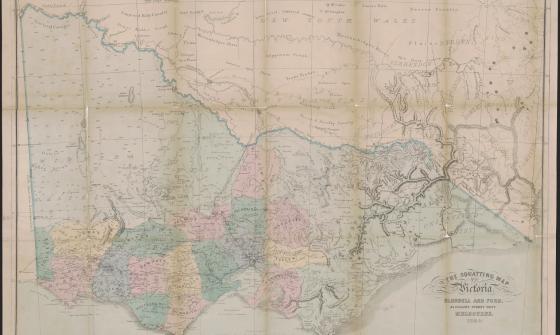 This squatting map of Victoria shows counties, road and rail lines, settlements and subdivisions. Relief is shown on the map using hachures.