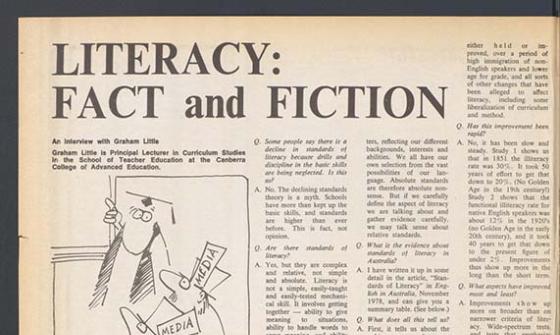 A page of a newspaper with the headline 'LITERACY: FACT and FICTION'. The page also includes cartoons and black and white photos
