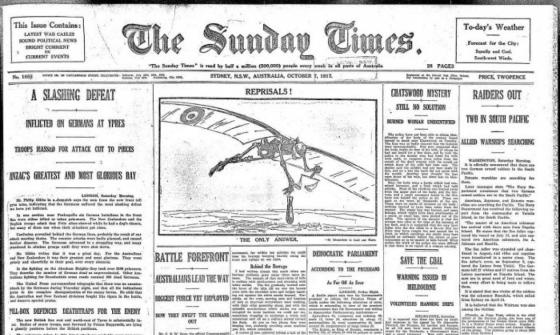 The Sunday Times front page, featuring a cartoon of a skeleton flying a glider